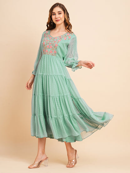 RATAN Women's Floral Embroidered Puff Sleeve Chiffon Flared Tiered Kurta Gown Maxi Dress