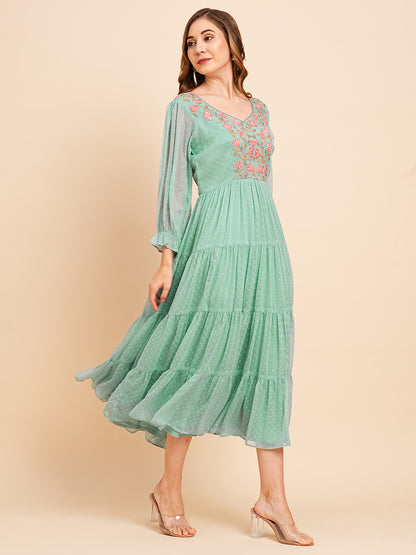 Floral Embroidered Puff Sleeve Chiffon Flared Tiered Kurta Gown Maxi Dress