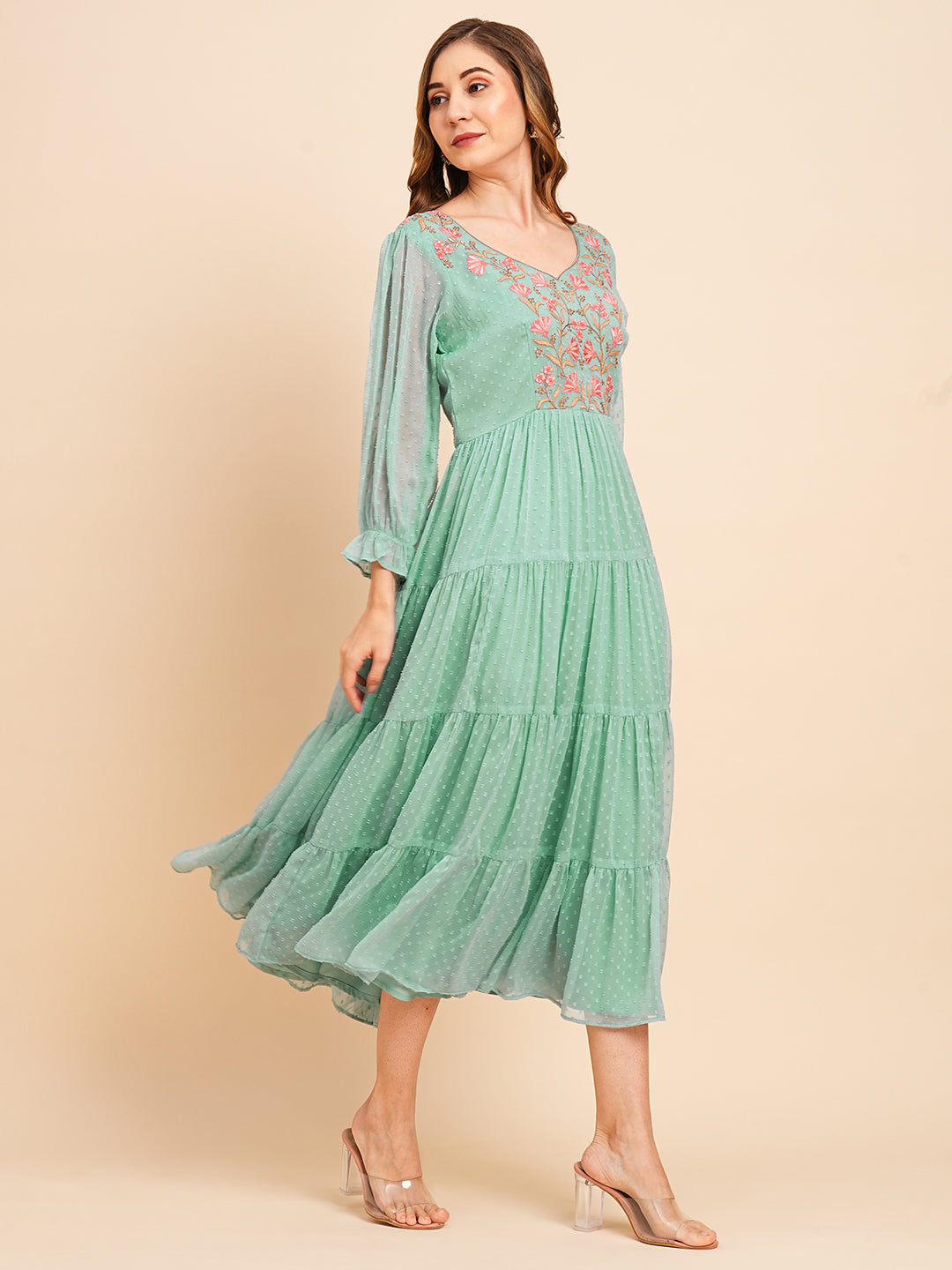 RATAN Women's Floral Embroidered Puff Sleeve Chiffon Flared Tiered Kurta Gown Maxi Dress