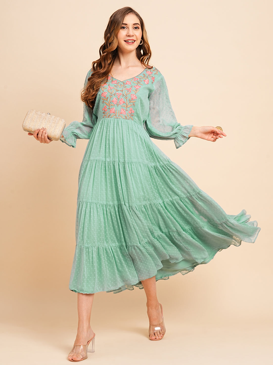 RATAN Women's Floral Embroidered Puff Sleeve Chiffon Flared Tiered Kurta Gown Maxi Dress
