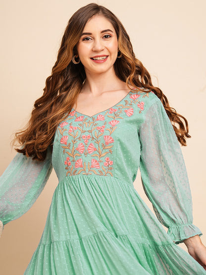 RATAN Women's Floral Embroidered Puff Sleeve Chiffon Flared Tiered Kurta Gown Maxi Dress