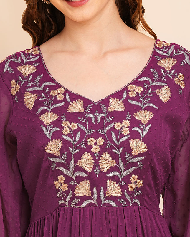 Floral Embroidered Puff Sleeve Chiffon Flared Tiered Kurta Gown Maxi Dress