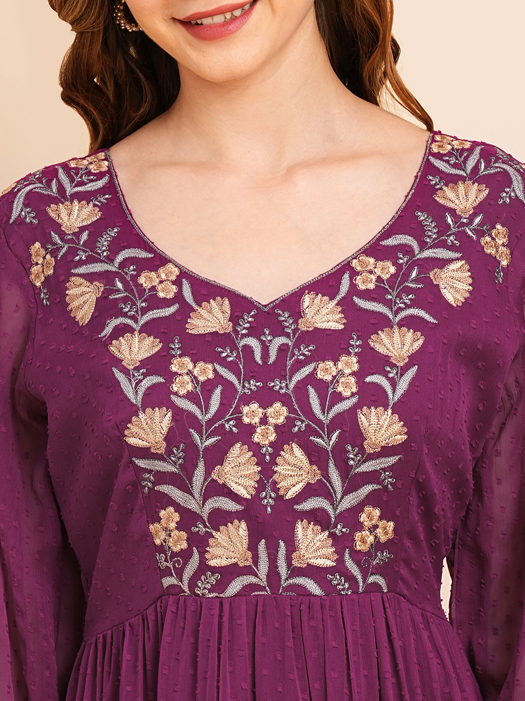 Floral Embroidered Puff Sleeve Chiffon Flared Tiered Kurta Gown Maxi Dress