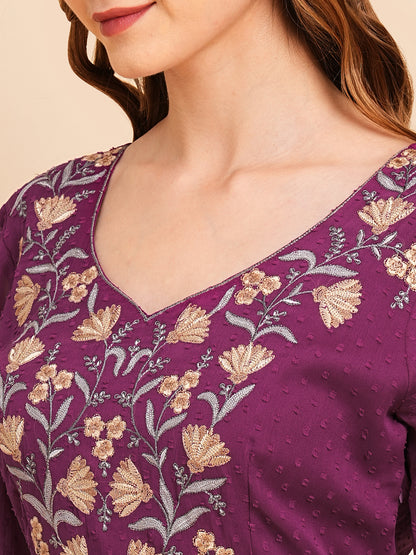 Floral Embroidered Puff Sleeve Chiffon Flared Tiered Kurta Gown Maxi Dress