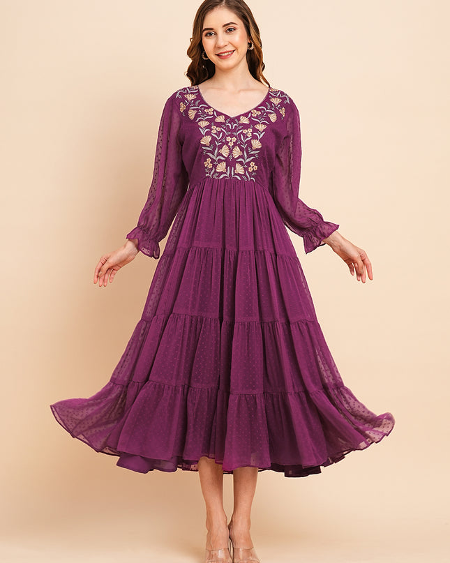 Floral Embroidered Puff Sleeve Chiffon Flared Tiered Kurta Gown Maxi Dress