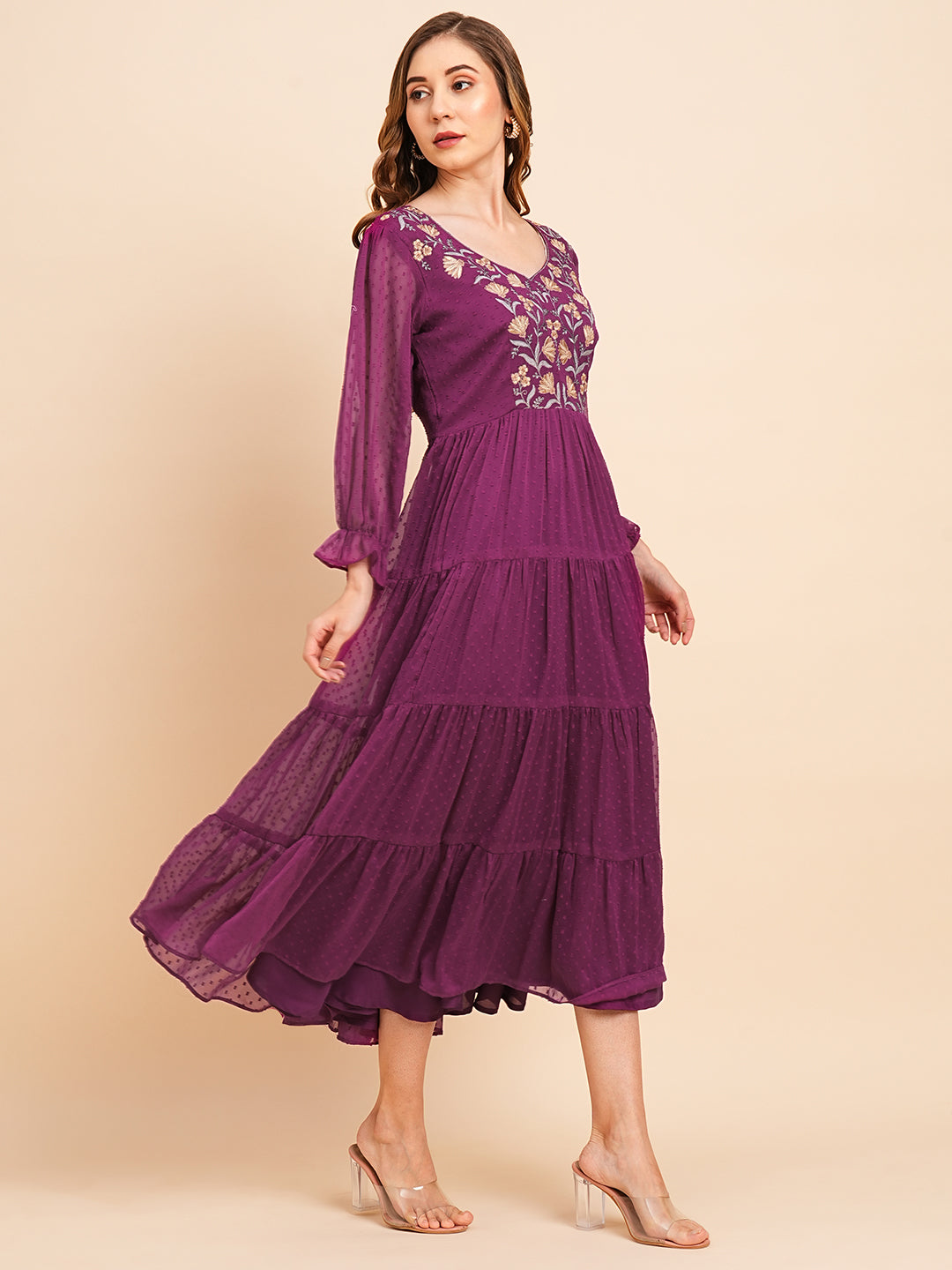 Floral Embroidered Puff Sleeve Chiffon Flared Tiered Kurta Gown Maxi Dress