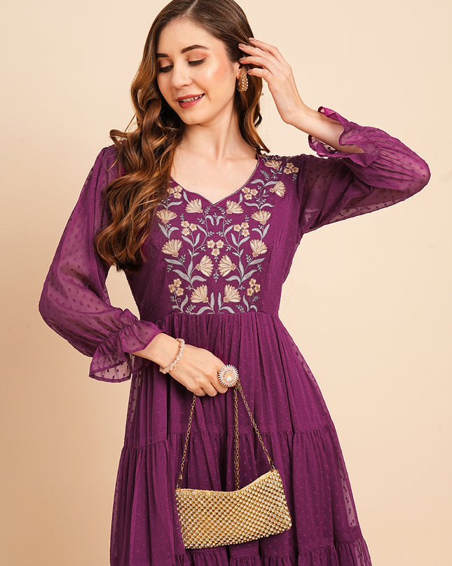 Floral Embroidered Puff Sleeve Chiffon Flared Tiered Kurta Gown Maxi Dress