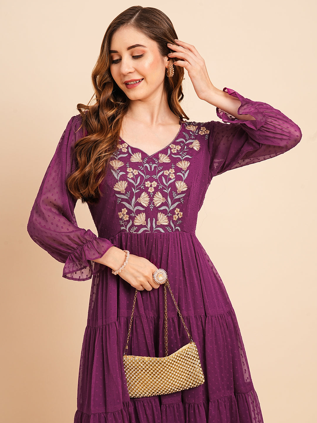 Floral Embroidered Puff Sleeve Chiffon Flared Tiered Kurta Gown Maxi Dress