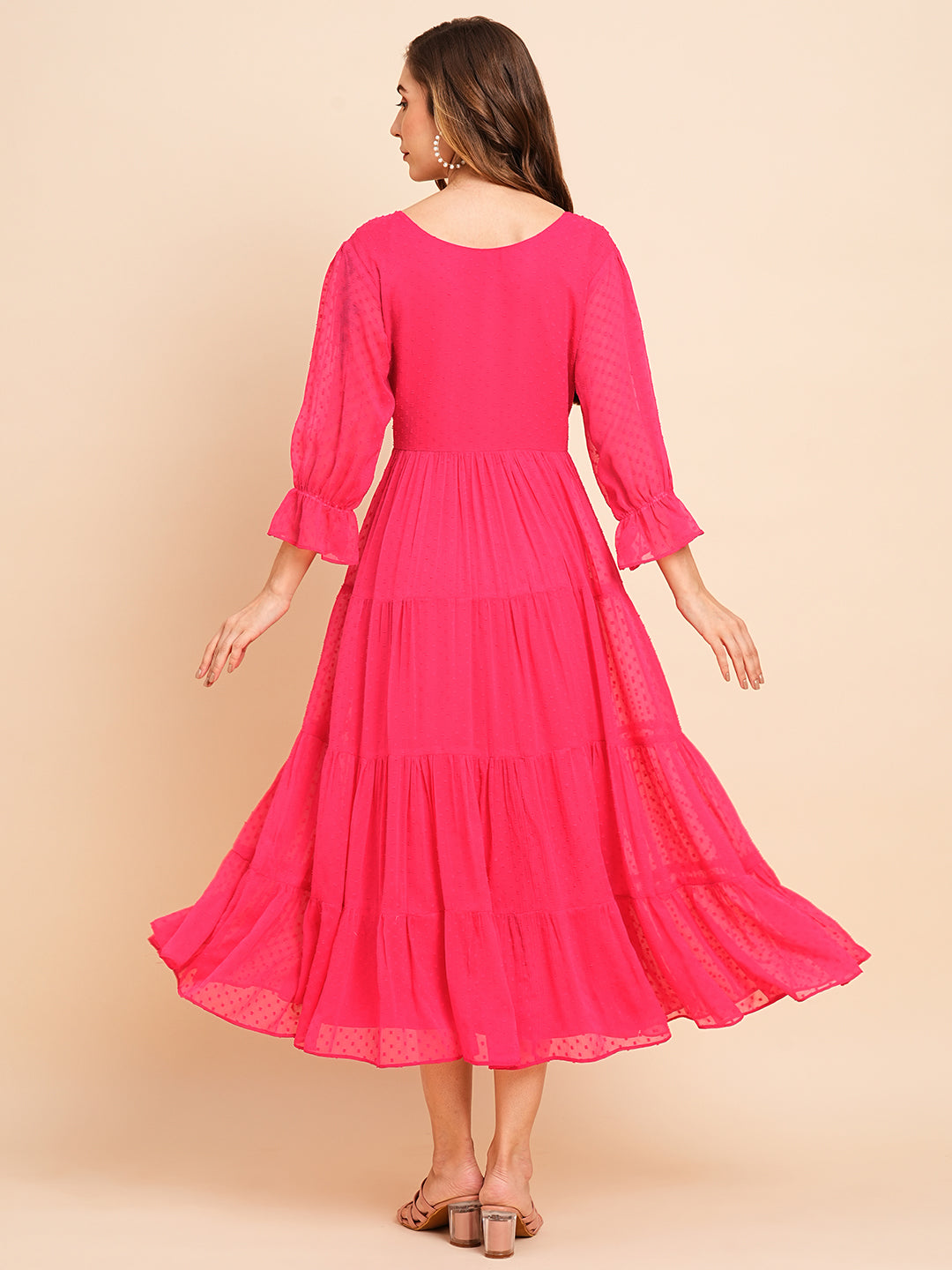 Floral Embroidered Puff Sleeve Chiffon Flared Tiered Kurta Gown Maxi Dress