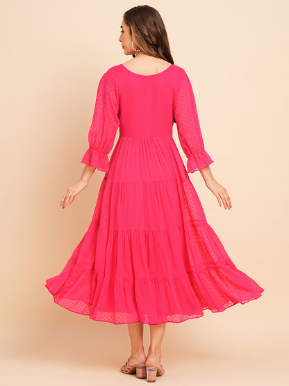 Floral Embroidered Puff Sleeve Chiffon Flared Tiered Kurta Gown Maxi Dress