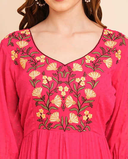 Floral Embroidered Puff Sleeve Chiffon Flared Tiered Kurta Gown Maxi Dress