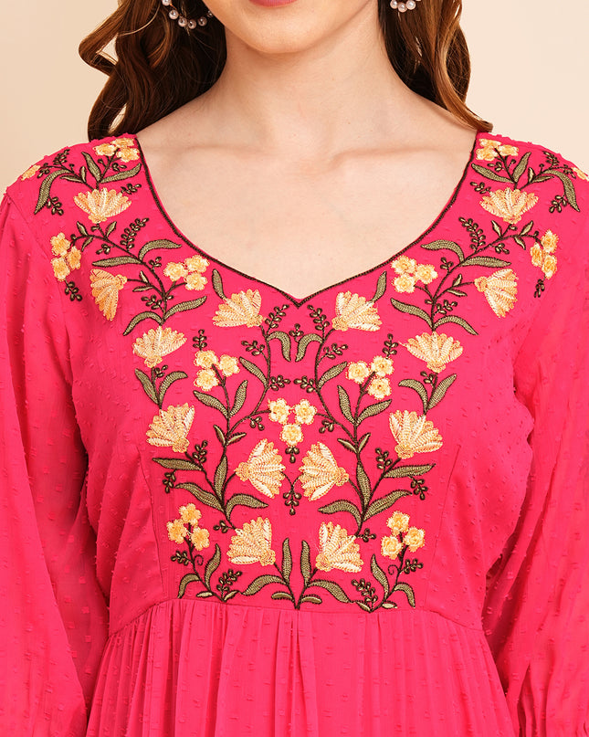 Floral Embroidered Puff Sleeve Chiffon Flared Tiered Kurta Gown Maxi Dress