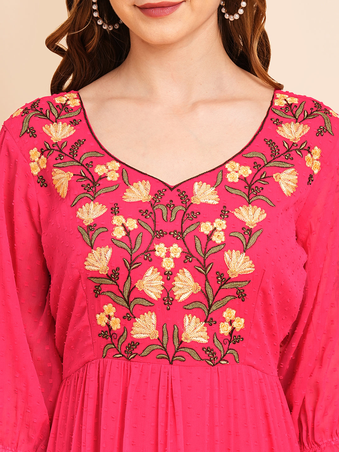 Floral Embroidered Puff Sleeve Chiffon Flared Tiered Kurta Gown Maxi Dress