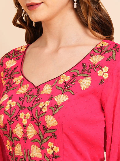 Floral Embroidered Puff Sleeve Chiffon Flared Tiered Kurta Gown Maxi Dress