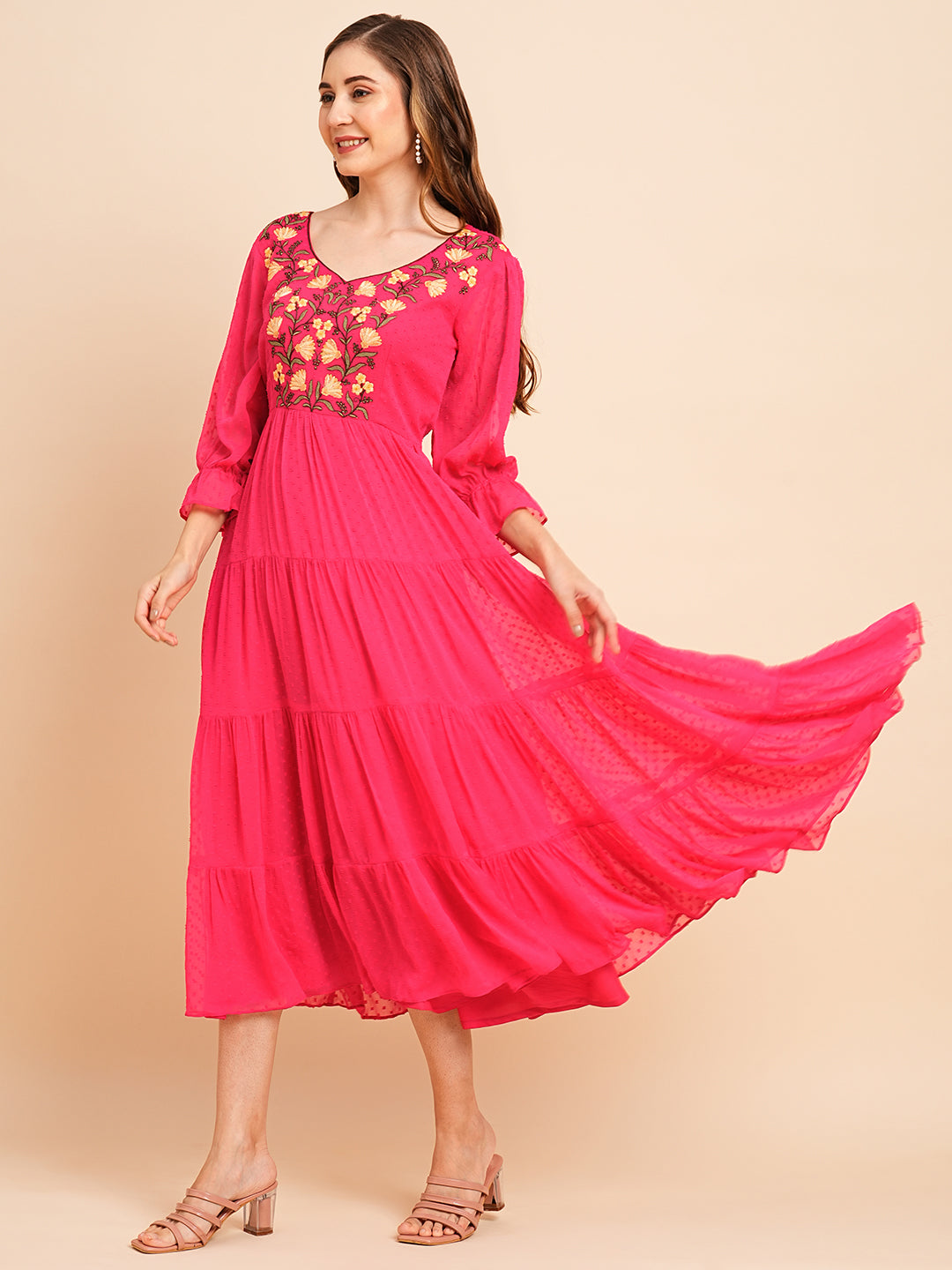 Floral Embroidered Puff Sleeve Chiffon Flared Tiered Kurta Gown Maxi Dress
