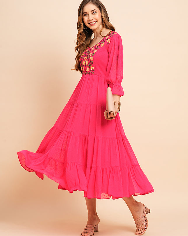 Floral Embroidered Puff Sleeve Chiffon Flared Tiered Kurta Gown Maxi Dress