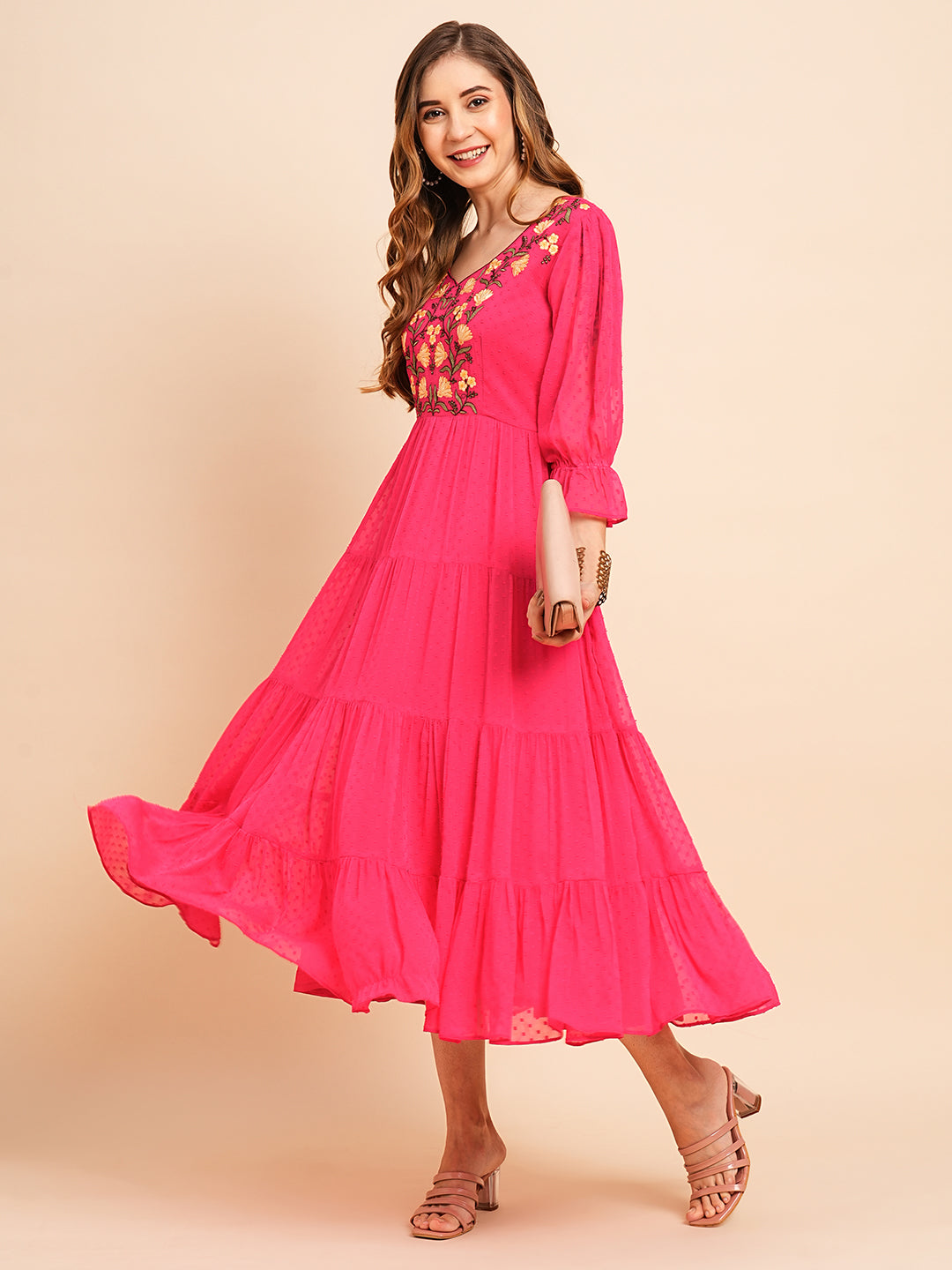 Floral Embroidered Puff Sleeve Chiffon Flared Tiered Kurta Gown Maxi Dress
