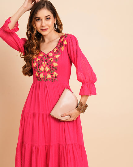 Floral Embroidered Puff Sleeve Chiffon Flared Tiered Kurta Gown Maxi Dress
