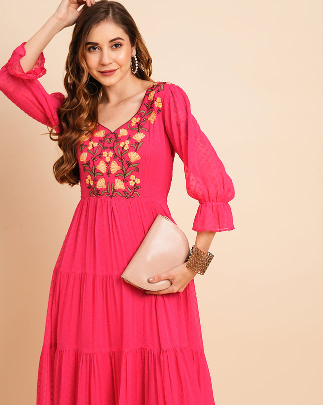Floral Embroidered Puff Sleeve Chiffon Flared Tiered Kurta Gown Maxi Dress