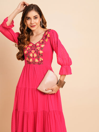 Floral Embroidered Puff Sleeve Chiffon Flared Tiered Kurta Gown Maxi Dress