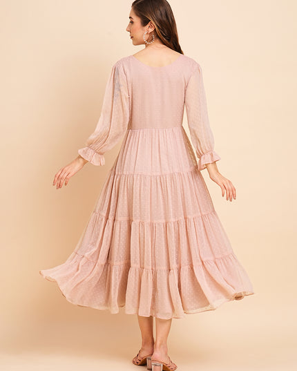 Floral Embroidered Puff Sleeve Chiffon Flared Tiered Kurta Gown Maxi Dress