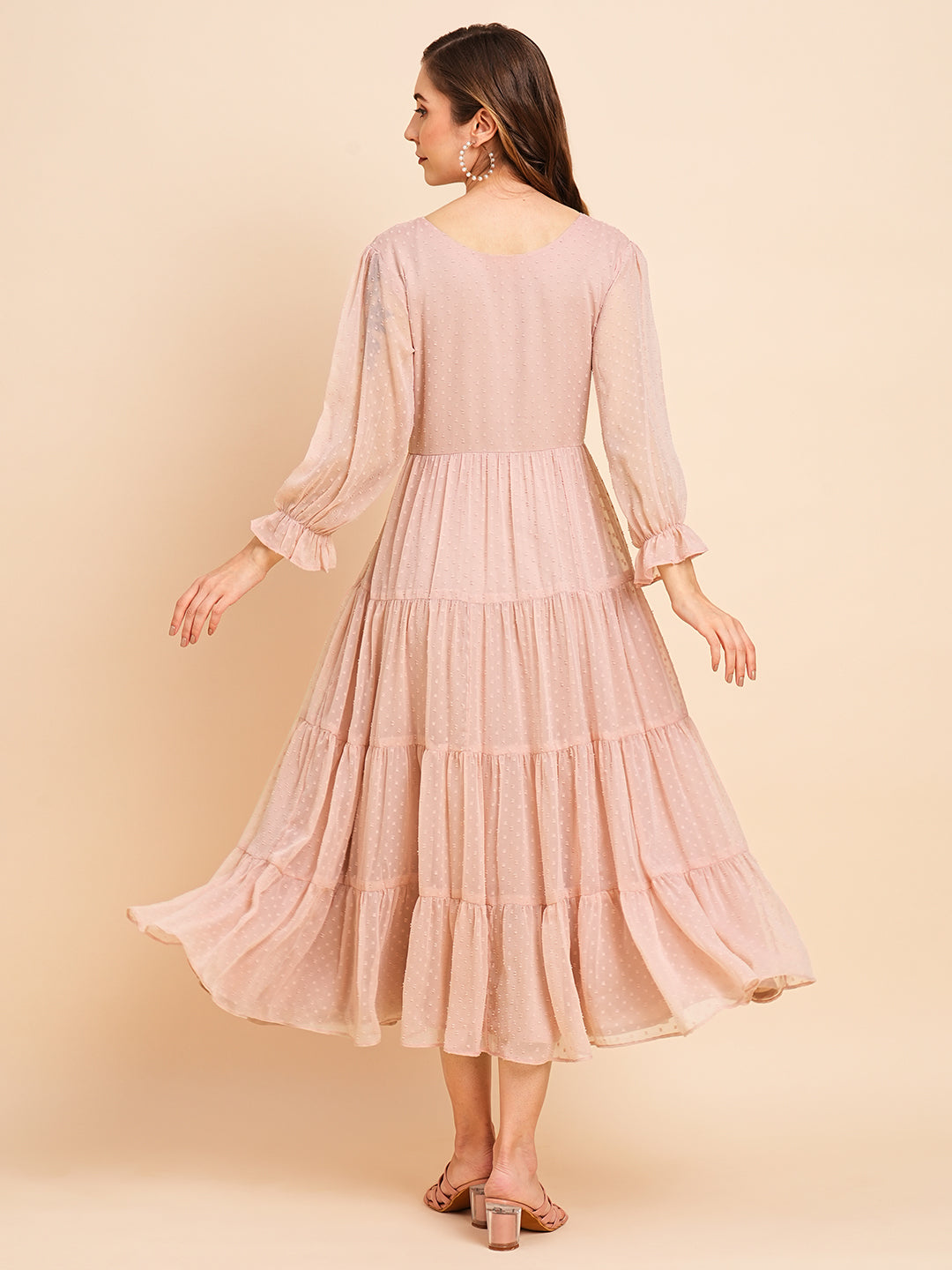 Floral Embroidered Puff Sleeve Chiffon Flared Tiered Kurta Gown Maxi Dress