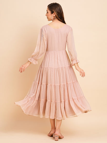 Floral Embroidered Puff Sleeve Chiffon Flared Tiered Kurta Gown Maxi Dress