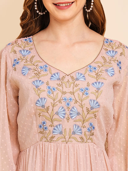 Floral Embroidered Puff Sleeve Chiffon Flared Tiered Kurta Gown Maxi Dress