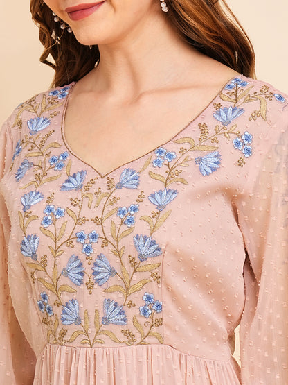 Floral Embroidered Puff Sleeve Chiffon Flared Tiered Kurta Gown Maxi Dress