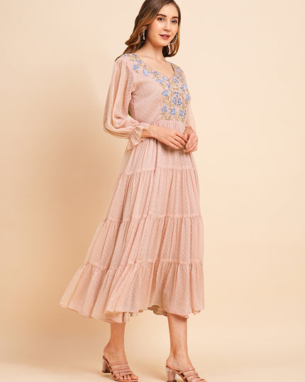 Floral Embroidered Puff Sleeve Chiffon Flared Tiered Kurta Gown Maxi Dress