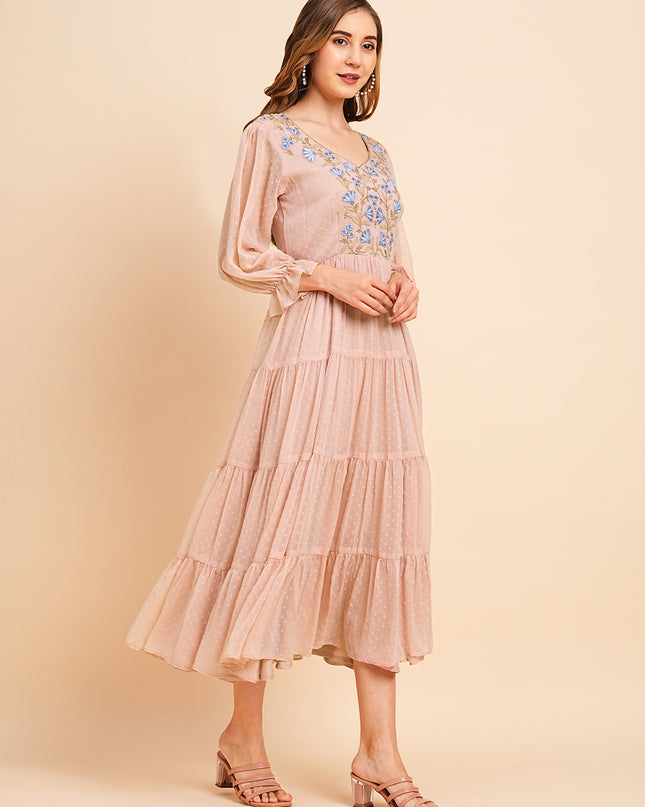 Floral Embroidered Puff Sleeve Chiffon Flared Tiered Kurta Gown Maxi Dress