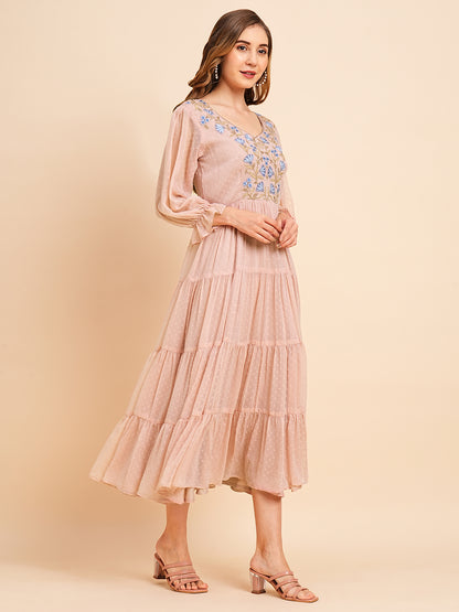 Floral Embroidered Puff Sleeve Chiffon Flared Tiered Kurta Gown Maxi Dress