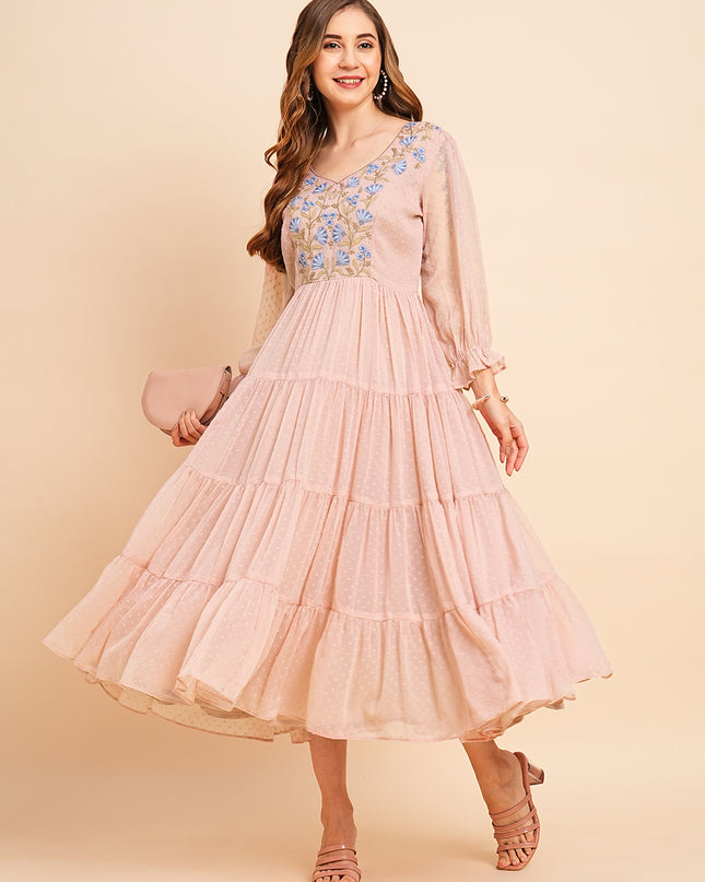 Floral Embroidered Puff Sleeve Chiffon Flared Tiered Kurta Gown Maxi Dress