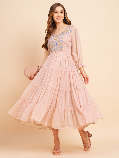 Floral Embroidered Puff Sleeve Chiffon Flared Tiered Kurta Gown Maxi Dress