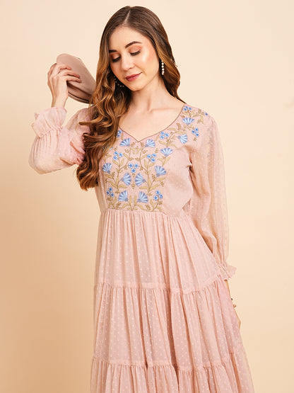Floral Embroidered Puff Sleeve Chiffon Flared Tiered Kurta Gown Maxi Dress