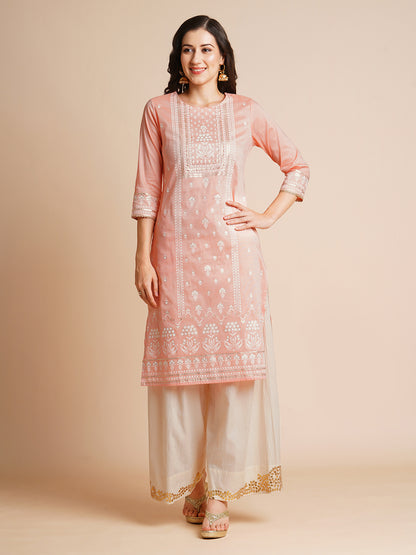 Silk Gold Printed Straight Kurta for Women