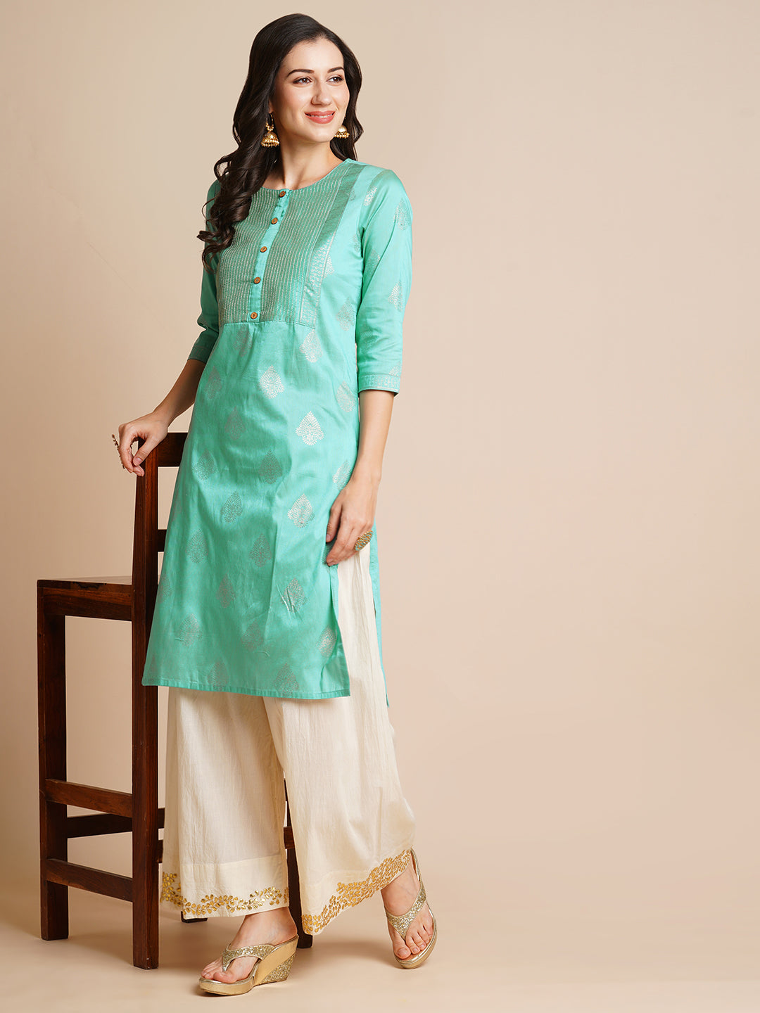 Silk Gold Printed Straight Kurta for Women