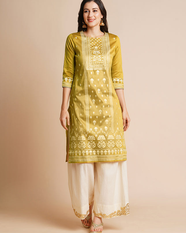 Silk Gold Printed Straight Kurta for Women