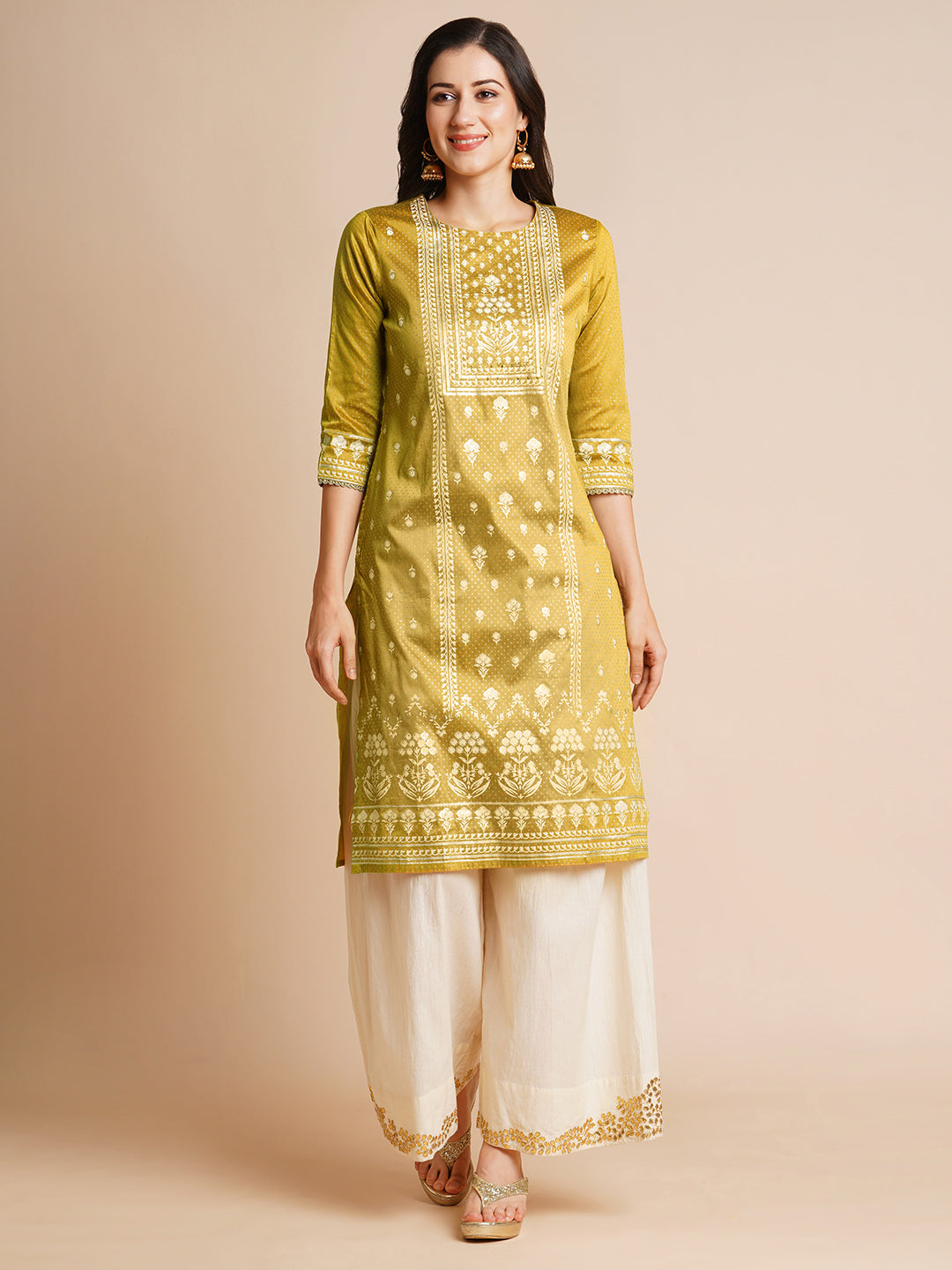 Silk Gold Printed Straight Kurta for Women