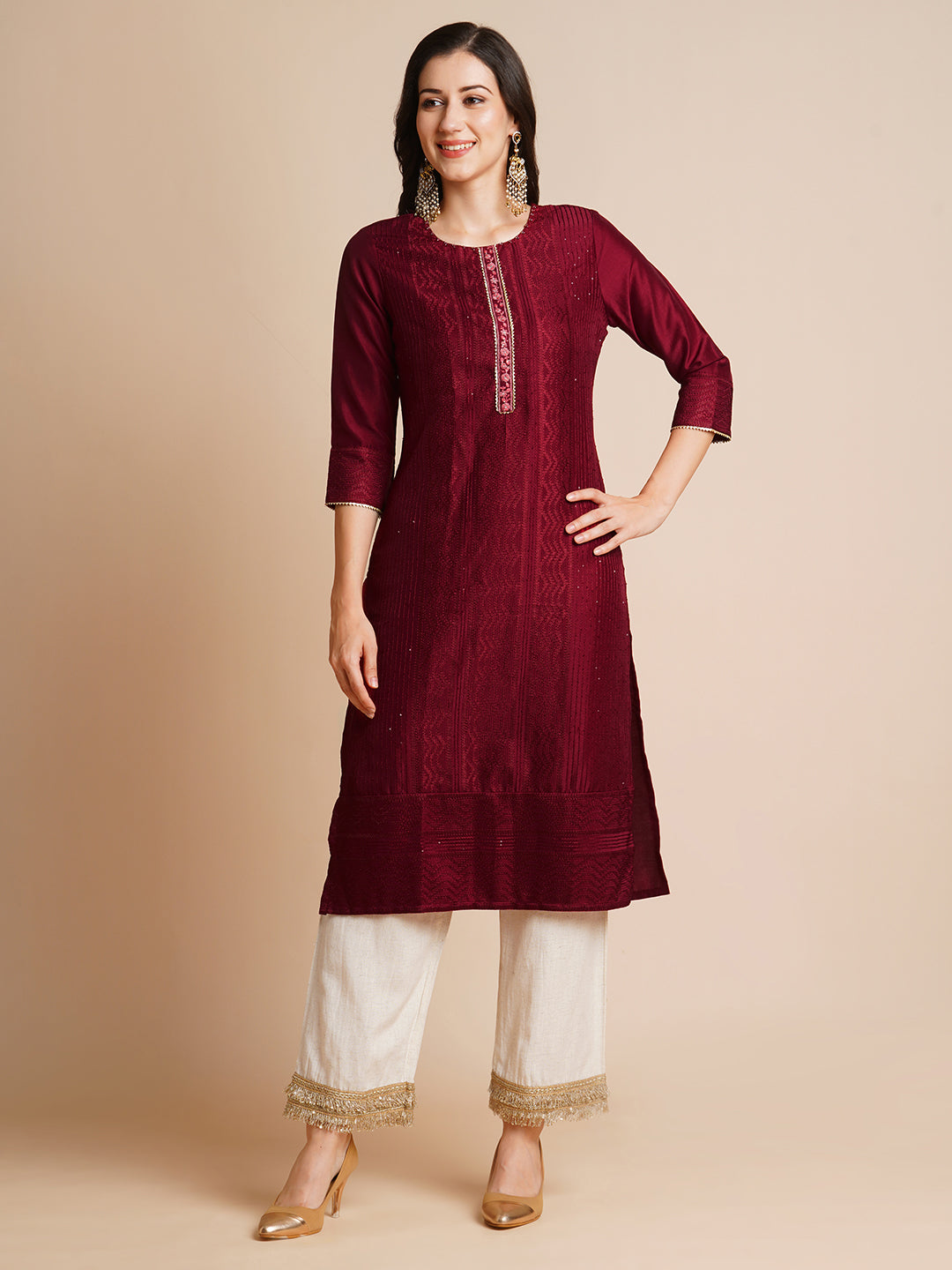 Art Silk Straight Lucknowi Chikankari Ethnic Wear Kurta