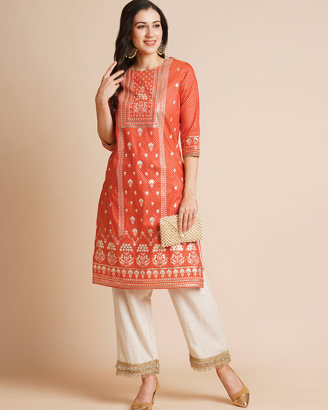 Silk Gold Printed Straight Kurta for Women