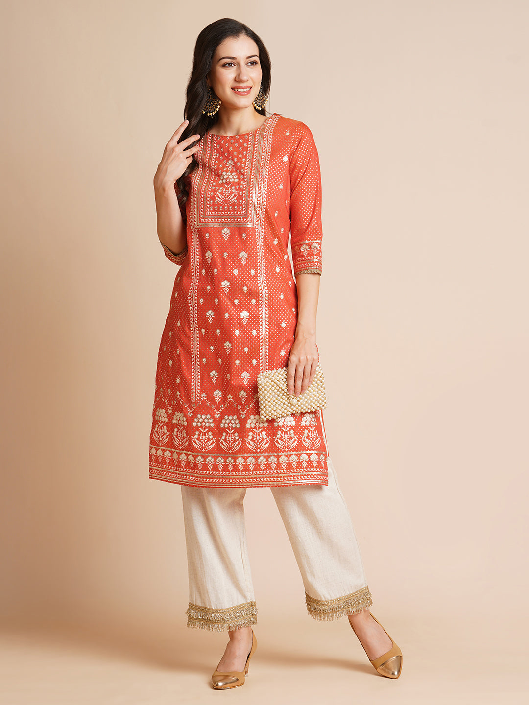 Silk Gold Printed Straight Kurta for Women