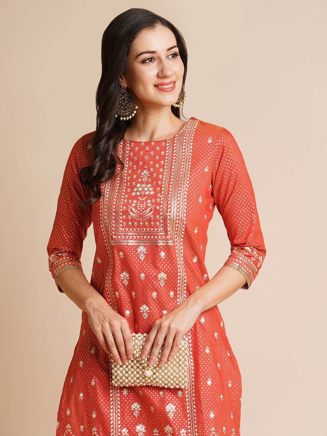 Silk Gold Printed Straight Kurta for Women