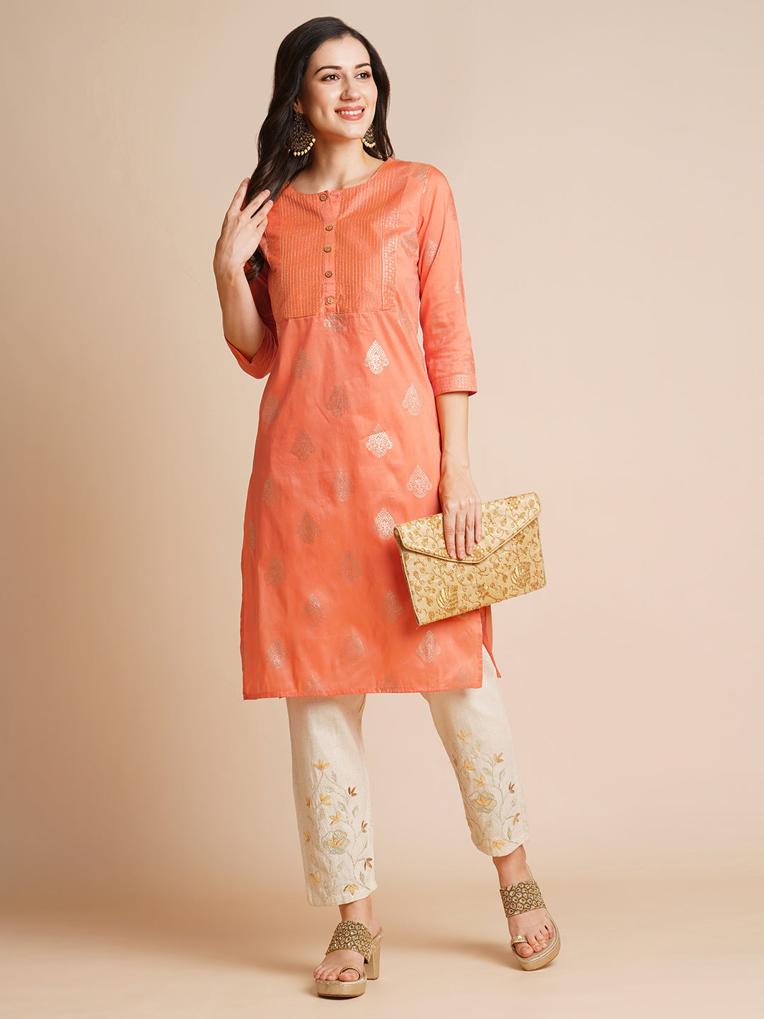 Silk Gold Printed Straight Kurta for Women