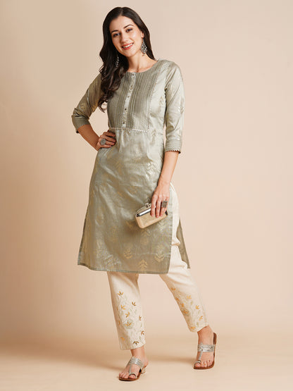 Silk Gold Printed Straight Kurta for Women