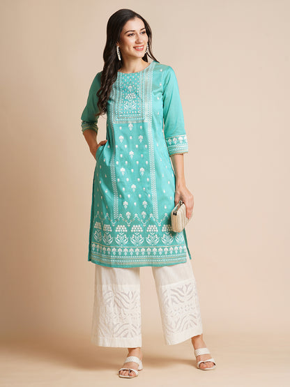 Silk Gold Printed Straight Kurta for Women