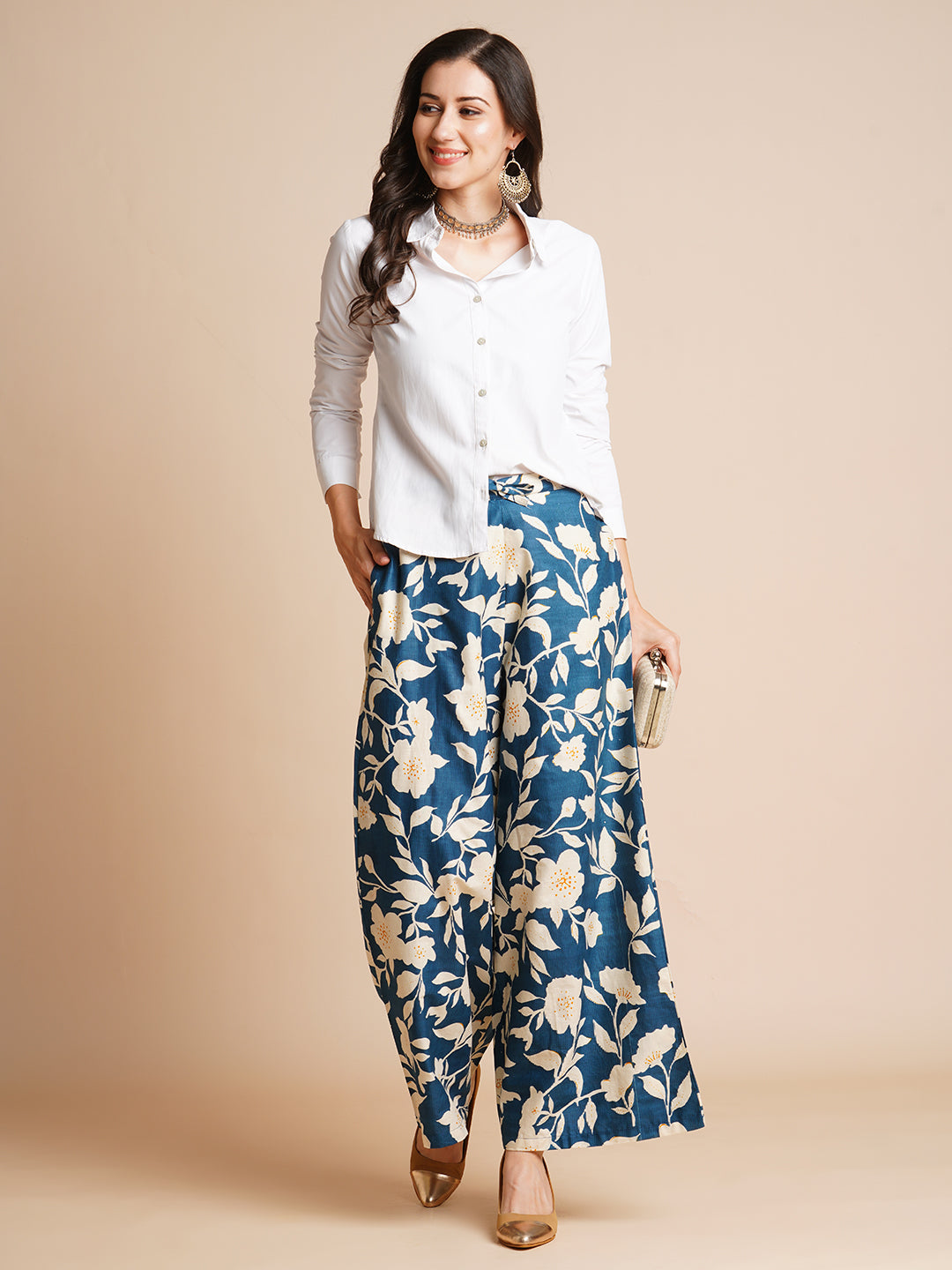 Women's Cotton Printed Loose Fit Flared Wide Leg Palazzo Pants
