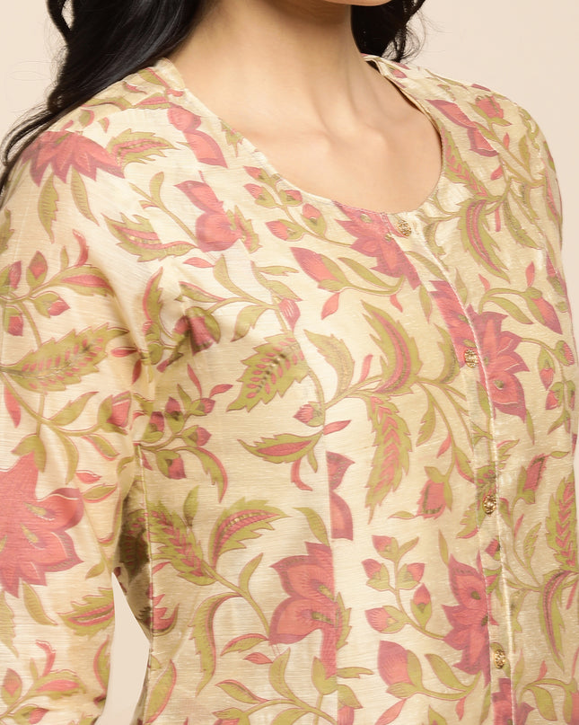 Chanderi Silk Gold Printed Flared Ethnic Wear Kurti for Women