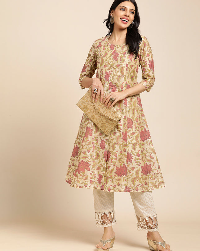 Chanderi Silk Gold Printed Flared Ethnic Wear Kurti for Women