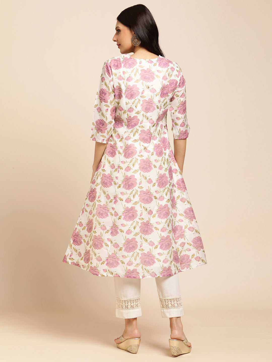 RATAN Chanderi Silk Gold Printed Flared Ethnic Wear Kurti for Women